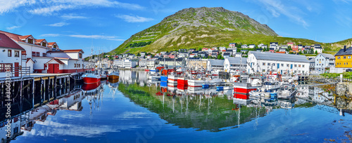 Panoramic view of Honningsvag town from the port in Mageroya island.  Nordkapp Municipality in Finnmark county. photo