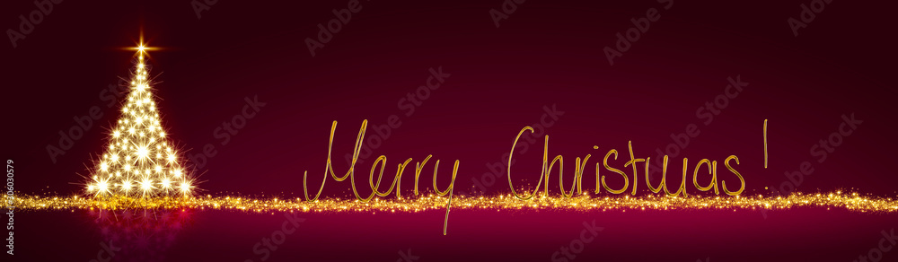 Golden Christmas tree isolated on red night background.