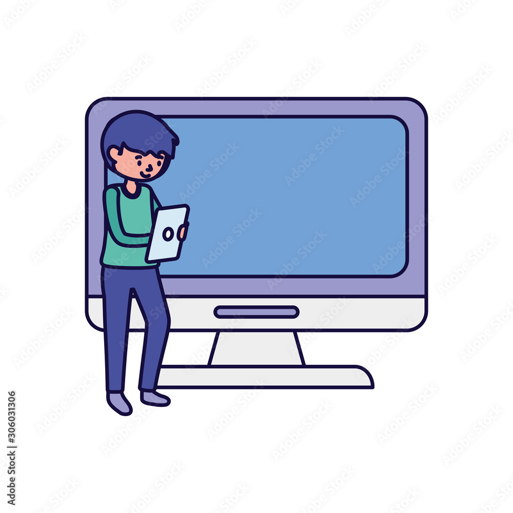 young student with tablet and monitor pc learning online young student with tablet and monitor pc learning online