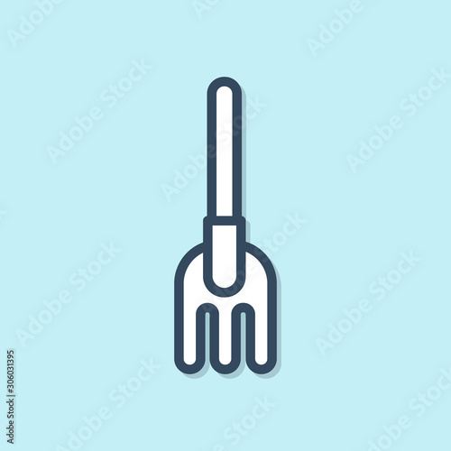 Blue line Garden rake icon isolated on blue background. Tool for horticulture, agriculture, farming. Ground cultivator. Housekeeping equipment. Vector Illustration