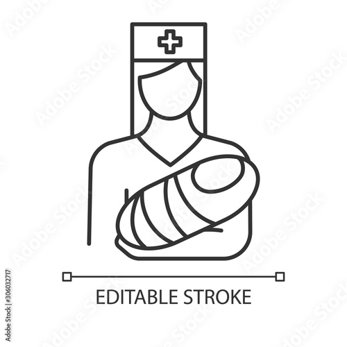 Pediatrics linear icon. Nurse with baby. Childcare. Premature newborn help. Physician. Medical procedures. Thin line illustration. Contour symbol. Vector isolated outline drawing. Editable stroke