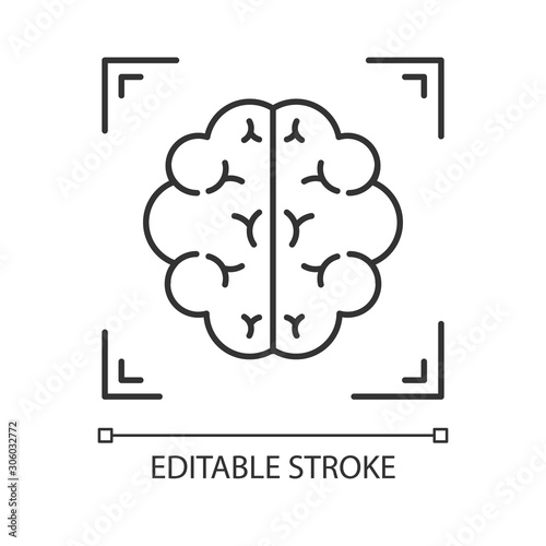 Brain scan linear icon. Neuroimaging. Nervous system structure analysis. Medical procedure. Neurology. Thin line illustration. Contour symbol. Vector isolated outline drawing. Editable stroke