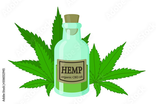 Vector illustration. Pharmacy bottle. Hemp oil and marijuana leaves. Isolated on white.