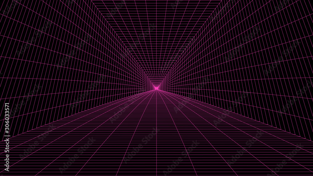 Vector perspective grid. Vortex. Curved abstract tunnel. Detailed lines on black background. - obrazy, fototapety, plakaty 