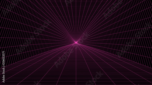 Vector perspective grid. Vortex. Curved abstract tunnel. Detailed lines on black background. photo