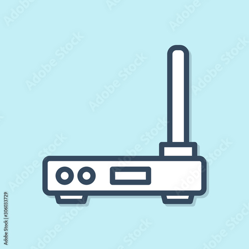 Blue line Router and wi-fi signal symbol icon isolated on blue background. Wireless ethernet modem router. Computer technology internet. Vector Illustration