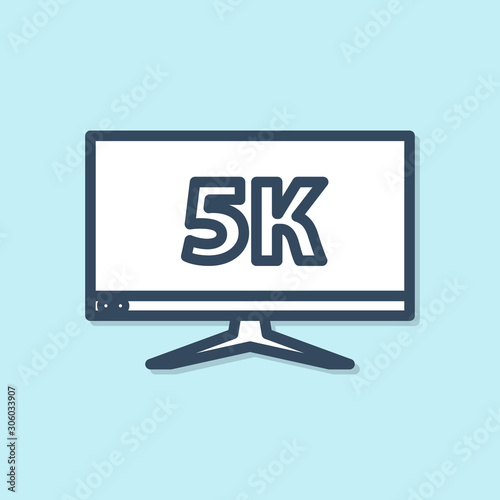 Blue line Computer PC monitor display with 5k video technology icon isolated on blue background. Vector Illustration