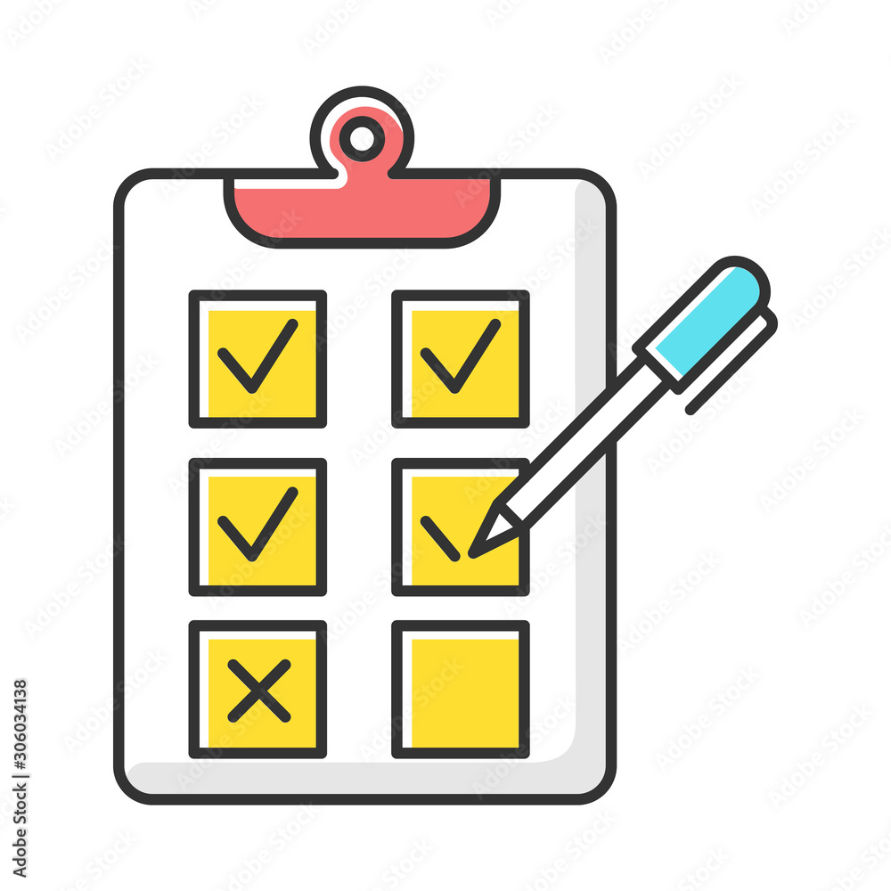Written survey color icon. Choosing option. Tick checkbox. Evaluation test. Select answer. Correct, incorrect. Questionnaire. Paper research. Page on clipboard. Isolated vector illustration Written survey color icon. Choosing option. Tick checkbox. Evaluation test. Select answer. Correct, incorrect. Questionnaire. Paper research. Page on clipboard. Isolated vector illustration