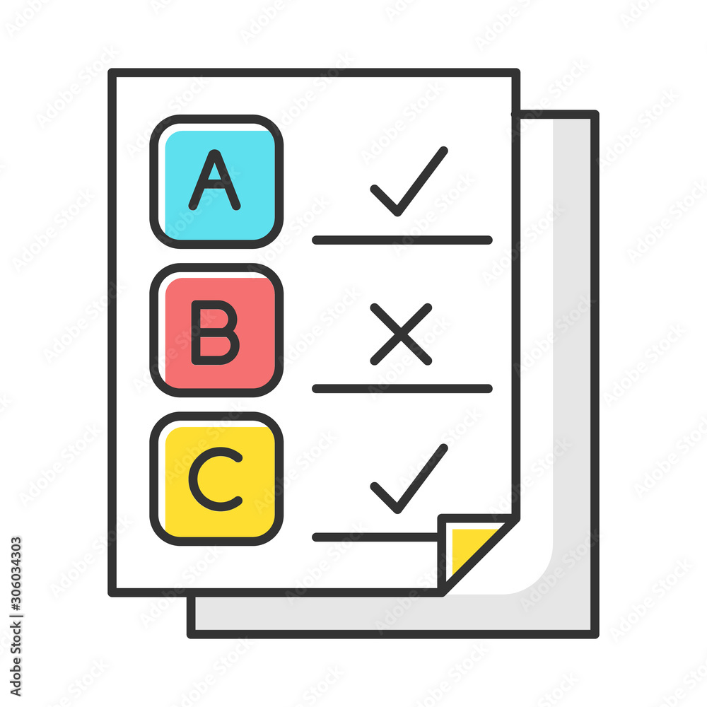 Written survey color icon. Exam papers. Test document. Questionnaire page. Choose multiple options. Select checkmark. Correct, wrong answers. Data report. Info analysis. Isolated vector illustration Written survey color icon. Exam papers. Test document. Questionnaire page. Choose multiple options. Select checkmark. Correct, wrong answers. Data report. Info analysis. Isolated vector illustration