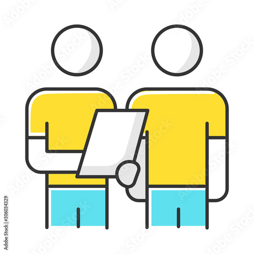 Oral survey color icon. Two people Interviewing. Question and answer. Teamwork and communication. Dialogue and talk. Recruiter with employee. Info collection. Isolated vector illustration