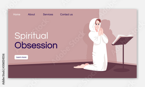 Spiritual obsession landing page vector template. Spiritist belief website interface idea with flat illustrations. Religious fanaticism homepage layout. Girl prays web banner, webpage cartoon concept
