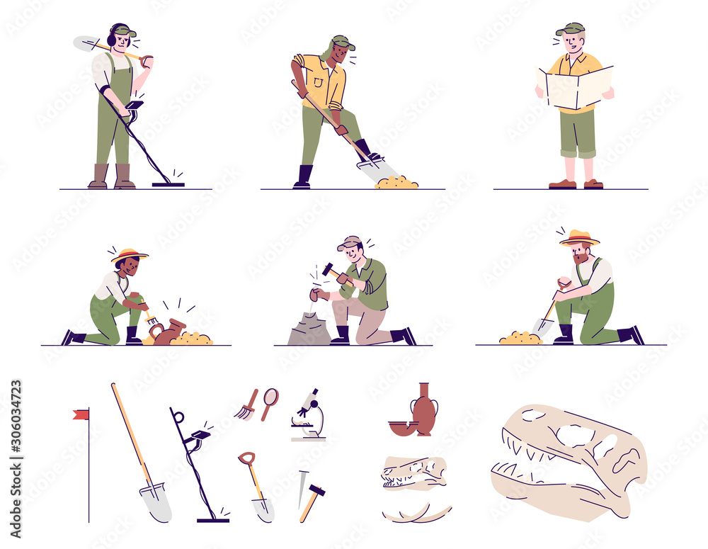 Archeology flat vector illustrations set. Historical researching. Archeologists at work, archeological equipment, artifacts isolated cartoon characters with outline elements on white background