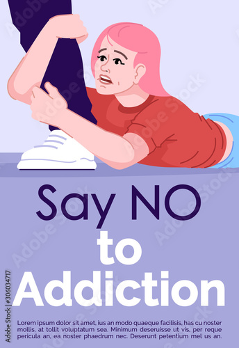 Say no to addiction brochure template. Psychological therapy, help. Stop obsession. Flyer, booklet, leaflet concept with flat illustrations. Vector page cartoon layout for magazine with text space