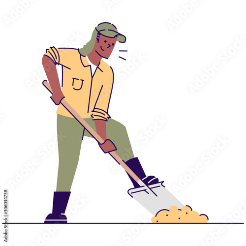 Digging man flat vector illustration. Archeological excavations. Treasure hunter in working process. Archaeologist with shovel cartoon character with outline on white background