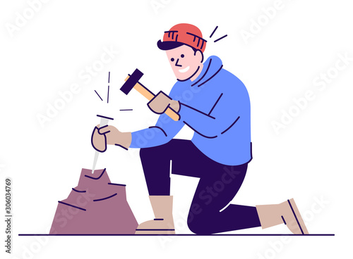 Man working with chisel and hammer flat vector illustration. Archeological excavations. Geological survey. Young caucasian researcher breaking stone cartoon character with outline on white background