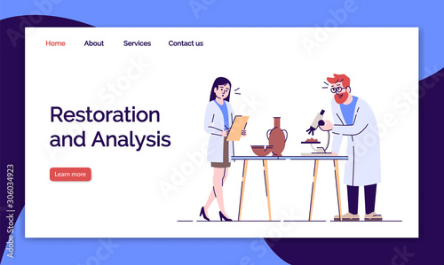 Restoration and analysys landing page vector template. Lab research of archaeological artifacts website interface idea with flat illustrations. Homepage layout. Web banner, webpage cartoon concept