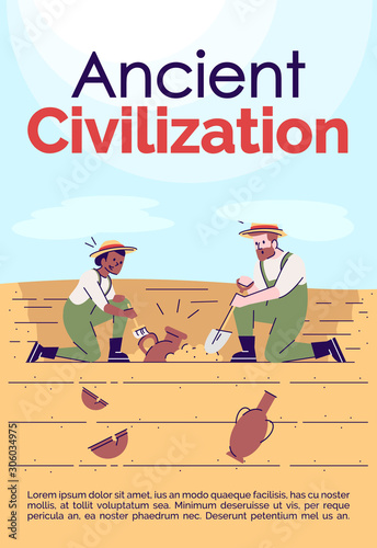 Ancient civilization brochure template. Flyer, booklet, leaflet concept with flat illustrations. Vector page cartoon layout for magazine. Archeology excavations advertising invitation with text space