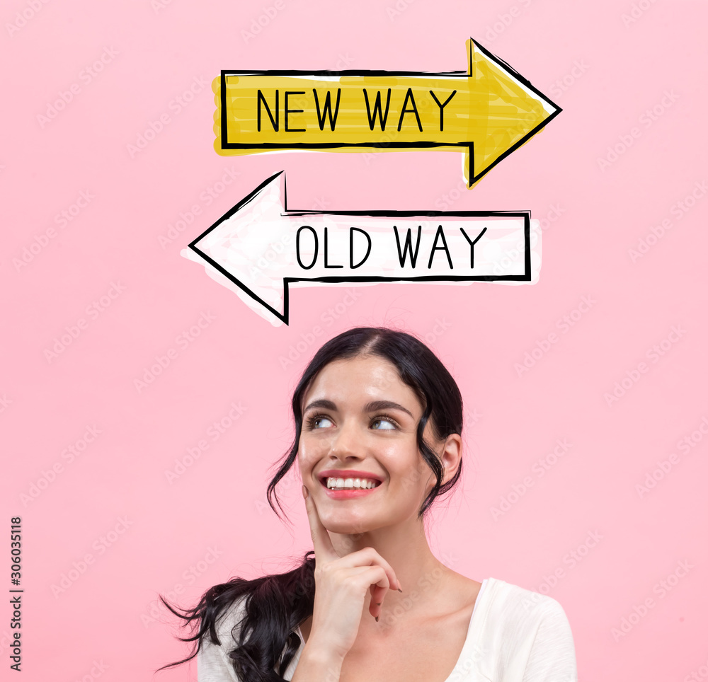 Old way or new way with young woman in thoughtful pose - obrazy, fototapety, plakaty 