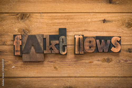 Fake news, phrase written with vintage letterpress printing blocks on rustic wood background