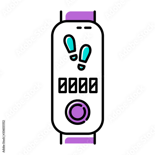 Fitness tracker with step counter color icon. Trendy wellness device with electronic pedometer. Active lifestyle gadget, smartwatch showing steps number. Isolated vector illustration