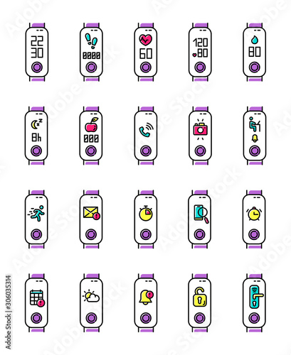 Fitness tracker functions on display color icons set. Wellness device health monitoring options. Fitness app and smartphone notifications synchronization. Isolated vector illustrations