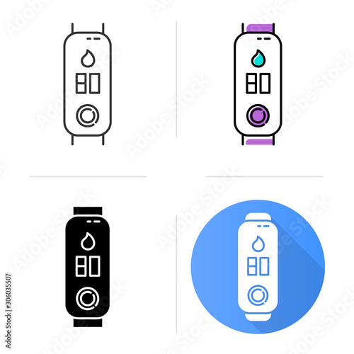 Fitness tracker with humidity control icons set. Smartwatch with hygrometer option. Electronic humid air analysing device. Linear, black and color styles. Isolated vector illustrations