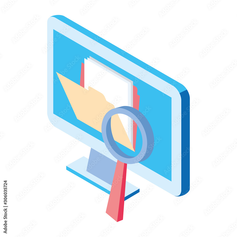 computer with folder and magnifying glass computer with folder and magnifying glass