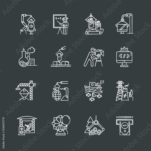 Industry types chalk icons set. Goods and services production. Technology development. Human activities for profit. Businesses in various sectors of economy. Isolated vector chalkboard illustrations