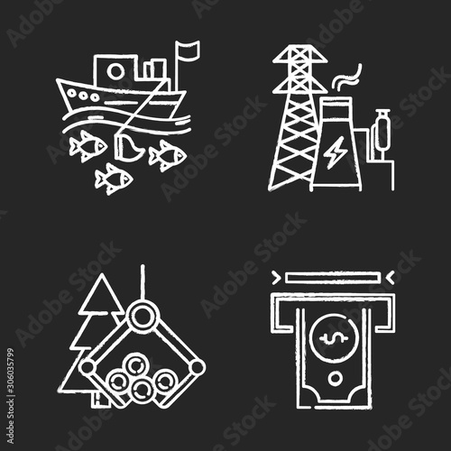 Industry types chalk icons set. Fishing, energy, timber, financial sectors of economy. Business spheres. Goods and services production. Isolated vector chalkboard illustrations