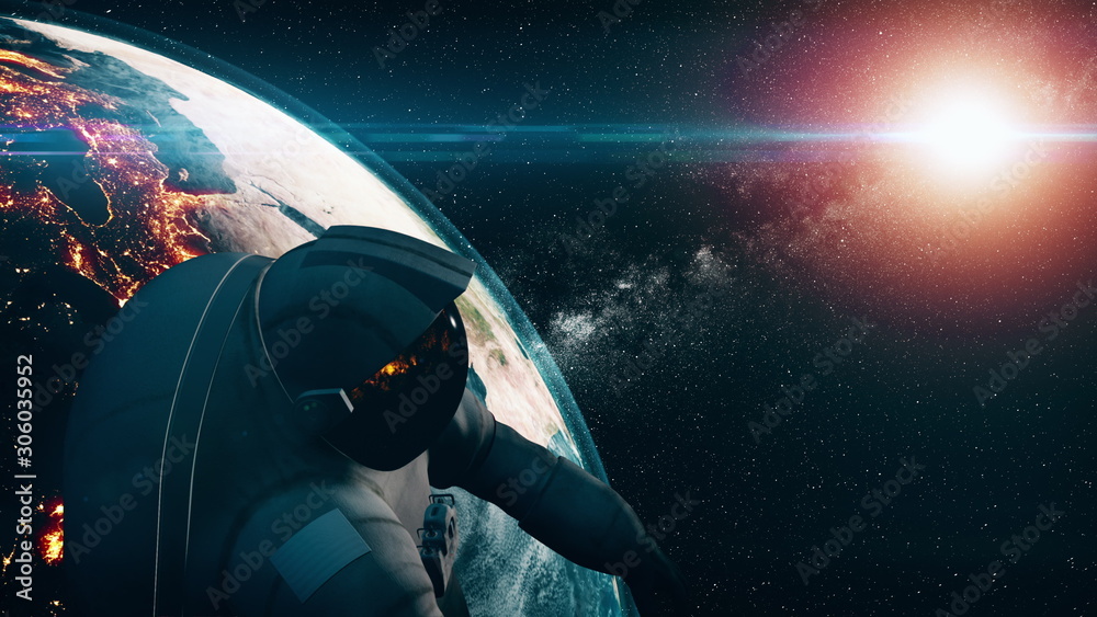 Realistic cosmonaut in outer space spinning Earth. Flying Astronaut in spacesuit turn. Illuminated planet. 3d render animation. Science technology concept. Elements of this media furnished by NASA.