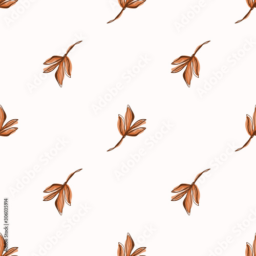 Floral Leaf Motif Watercolor Background. Seamless Vector Pattern Brown on Whi...