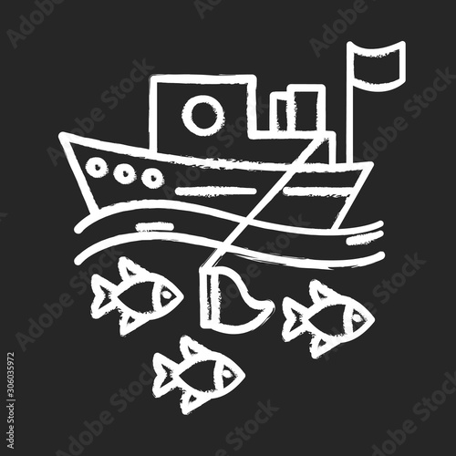 Fishing industry chalk icon. blue color icon. Fishery sector. Commercial fishing activity. Catching fish for food, for sale. Trawler in sea. Business in ocean. Isolated vector chalkboard illustration