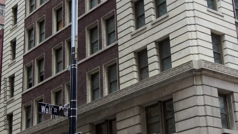 4K. Panoramic view of the traffic sign on Wall Street in Manhattan, New York. Wall Street is the financial area of New York. One of the most visited cities in the United States. Financial concept. 4K. Panoramic view of the traffic sign on Wall Street in Manhattan, New York. Wall Street is the financial area of New York. One of the most visited cities in the United States. Financial concept.
