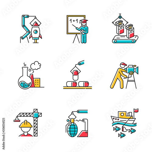 Industry types color icons set. Aerospace, education, tobacco, chemical, pharmaceutical, filmmaking, construction, arms production, fishing business sectors. Isolated vector illustrations