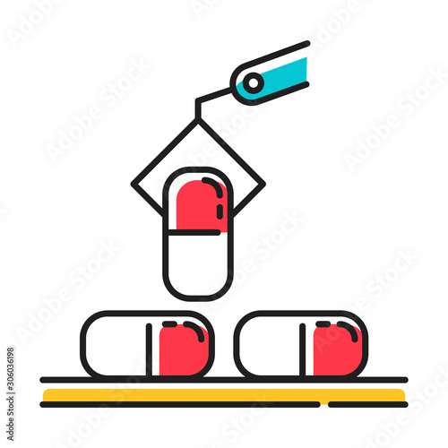Pharmaceutical industry red color icon. Drug sector. Conveyor automatic pills production line at factory. Capsules manufacturing. Pharmacological products creation. Isolated vector illustration