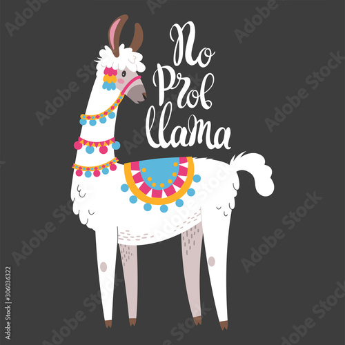 Illustration with llama, composition on black. Vector doodle elements. Greeting card with Alpaca. No prob lama.