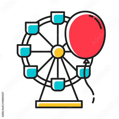 Entertainment industry red color icon. Recreation area. Amusement park. Funfair. Leisure sector. Ferris wheel and balloon. City holiday celebration. Isolated vector illustration