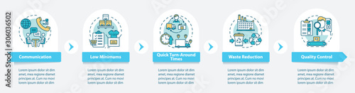Advantages of local production vector infographic template. Communication. Business presentation design elements. Data visualization, five steps. Process timeline chart. Workflow layout, linear icons