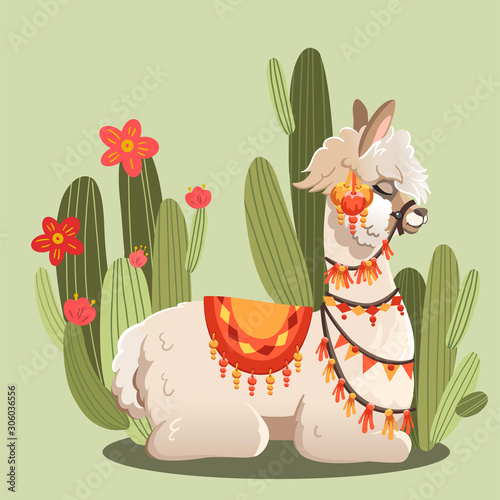 Illustration with llama and cactus plants. Vector animal green background. Greeting card with Alpaca.