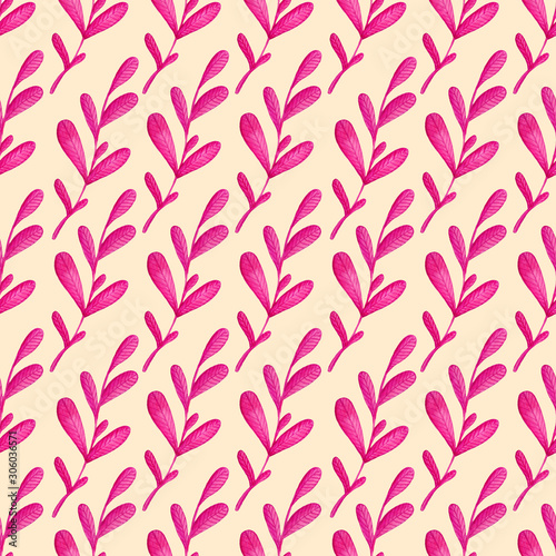 watercolor illustration Seamless pattern pink branches of a plant on a yellow background