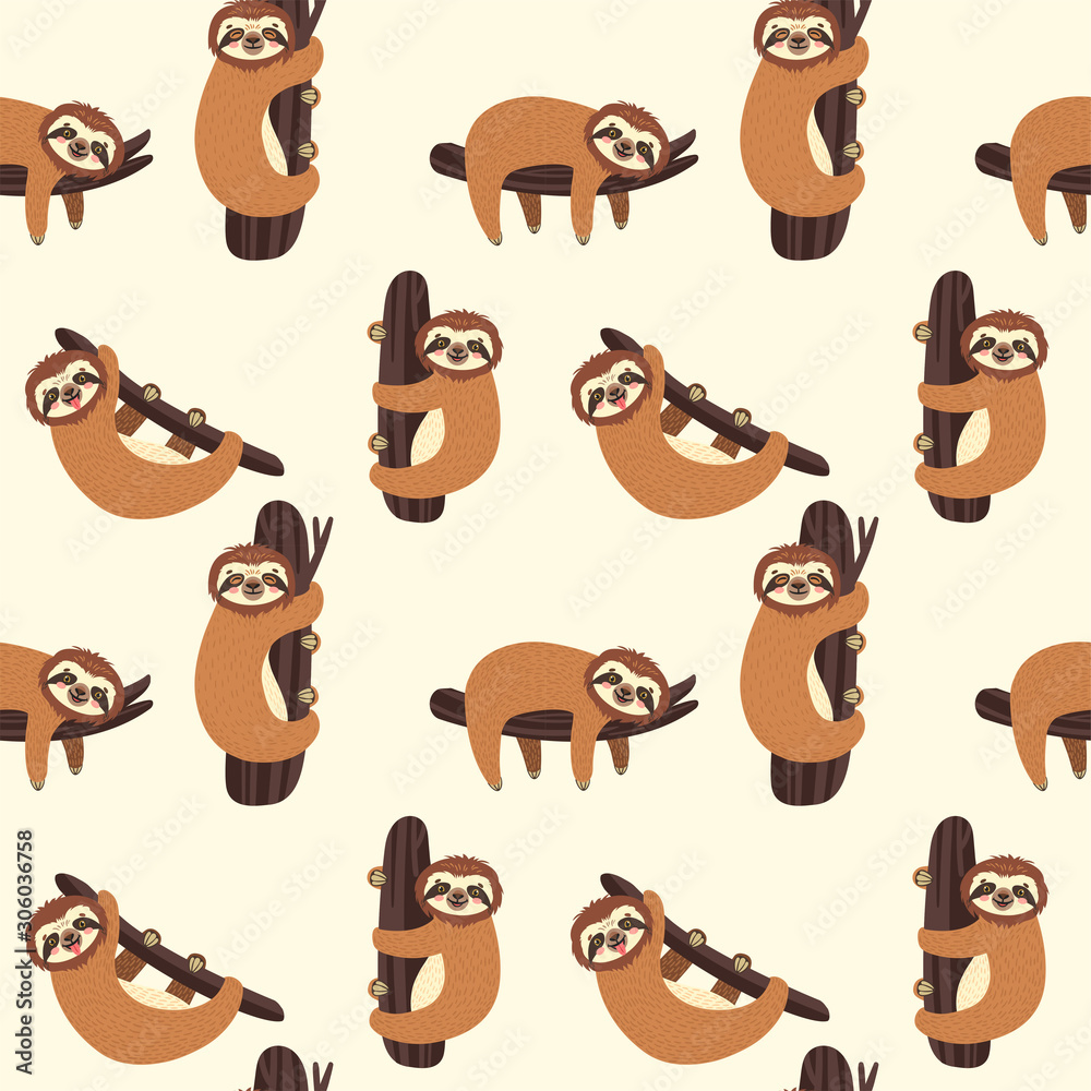 Obraz premium Seamless background with Sloth on the branch. Vector illustration with cute bear on white. Animal pattern.