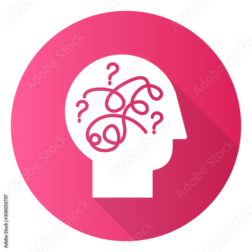 Puzzled mind pink flat design long shadow glyph icon. Mental exercise. Intelligence test. Critical thinking. Brain teaser. Logic questions. Solution finding porcess. Vector silhouette illustration