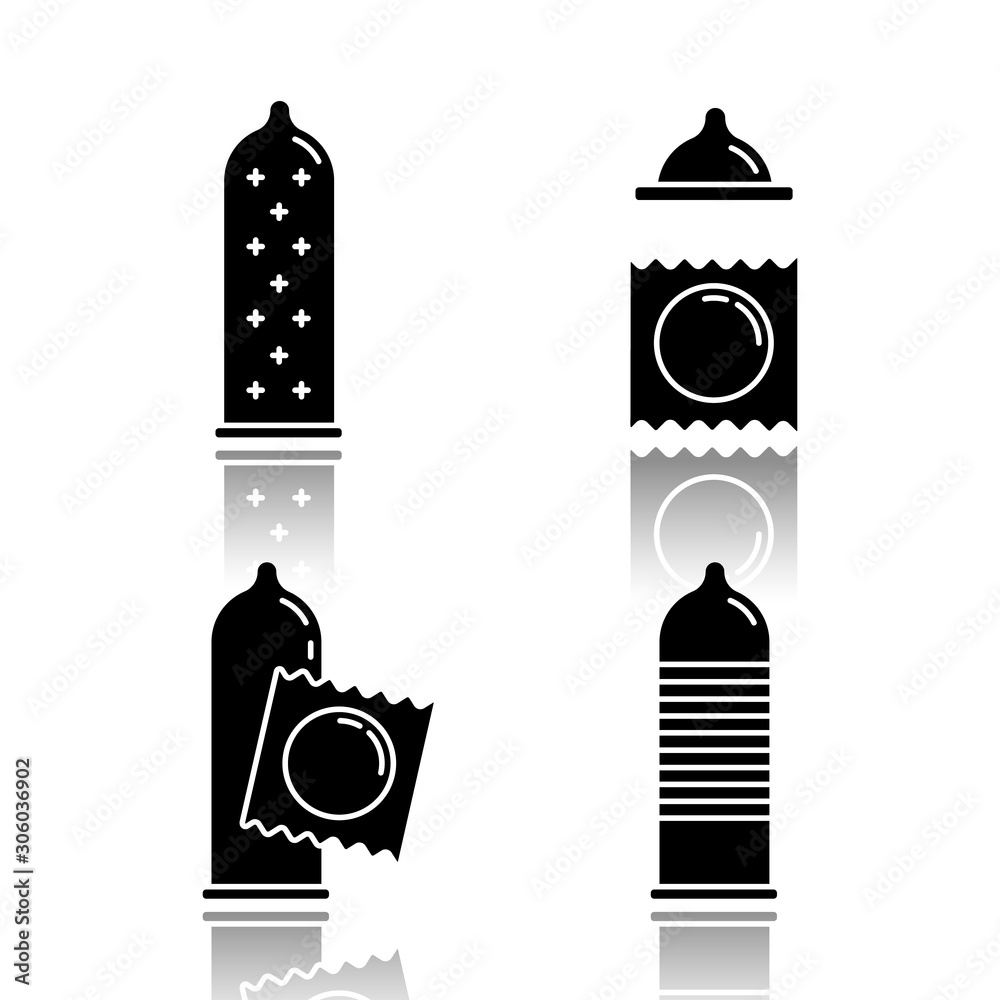 Condom drop shadow black glyph icons set. Safe sex. Female latex reusable  contraceptive with dots in package. Preservative method. Pregnancy  prevention, STI precaution. Isolated vector illustrations Stock Vector |  Adobe Stock