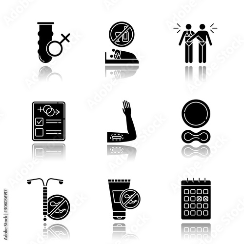 Safe sex drop shadow black glyph icons set. Condom. Sober intercourse. Masturbation. Sex test. Contraceptive implant, ring. Intrauterine device. Spermicide. Calendar. Isolated vector illustrations