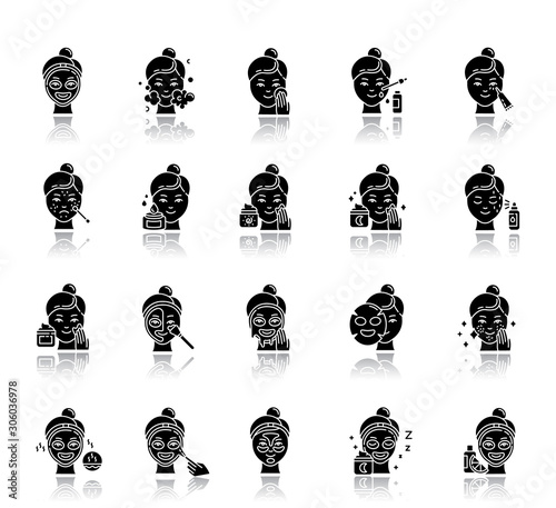 Skin care procedures drop shadow black glyph icons set. Using face cream. Liquid, sheet, peel-off mask. Night time routine. Spot treatment. Vitamin C serum. Isolated vector illustrations