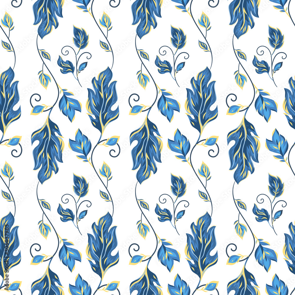 Vector seamless blue pattern on white with leaves and branch. Abstract background with floral elements. Natural design.