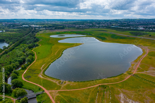 Aerial shot of Waverley Lakes in between Rotherham and Sheffield in South Yorkshire. June 2019