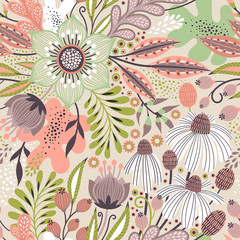 Handdoek met foto Scandinavische stijl patronen Floral seamless pattern on white. Abstract vector background with flowers and leaves. Natural bright design. Scandinavian style.  © monamonash