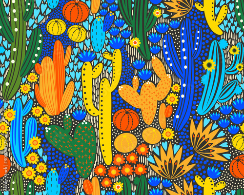 Vector seamless pattern with cactus on black background. Summer plants, flowers and leaves. Natural floral bright design. Botanical illustration.
