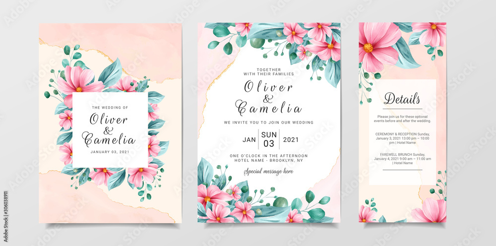Beautiful wedding invitation card template set with watercolor floral and marble background. Flowers and leaves botanic illustration for background, save the date, invitation, greeting card, etc